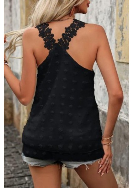 Dantel Askılı Ponpon Bluz - Siyah fırsatları