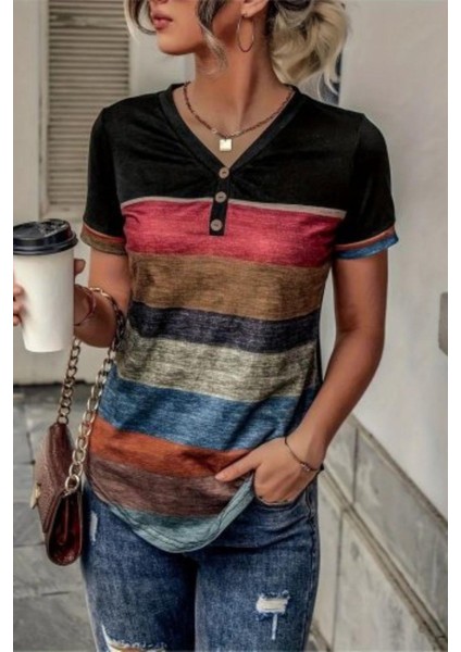 Blok Renkli V Yaka Kısa Kollu Süprem Bluz - Desenli