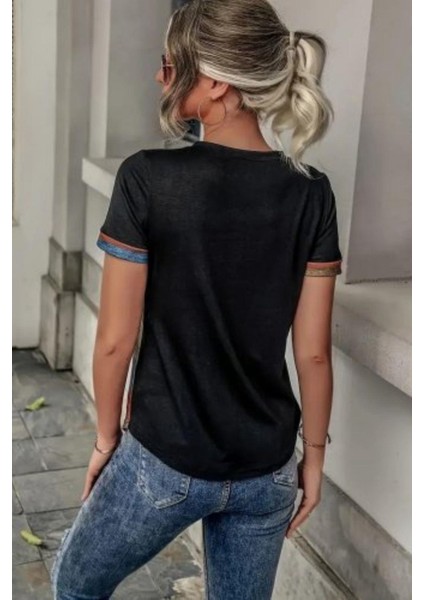 Blok Renkli V Yaka Kısa Kollu Süprem Bluz - Desenli fiyatları