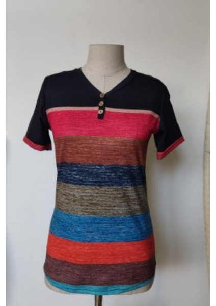 Blok Renkli V Yaka Kısa Kollu Süprem Bluz - Desenli modelleri