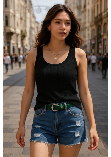 Askılı Örgülü Triko Bluz - Siyah