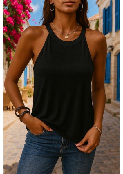 Kolsuz Halter Yaka Viskon Bluz - Siyah