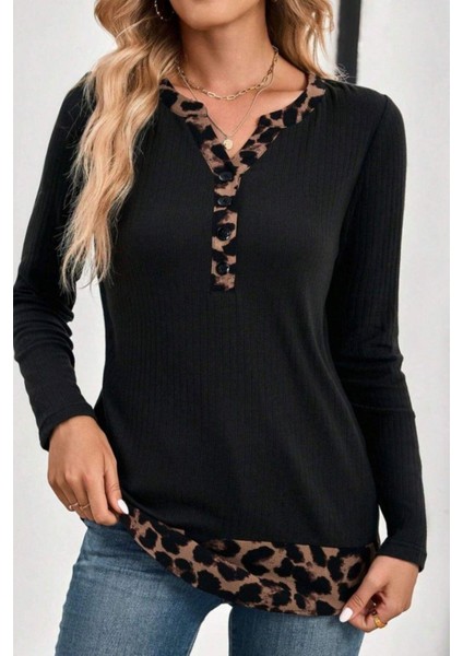 Düğmeli Leopar Detaylı Kaşkorse Bluz - Siyah fiyatları