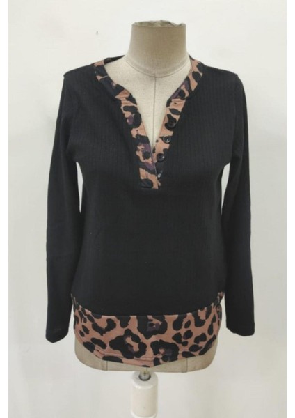 Düğmeli Leopar Detaylı Kaşkorse Bluz - Siyah fırsatları