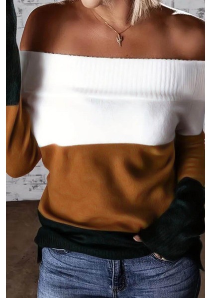 Madonna Yaka Blok Desen Triko Bluz Kahve