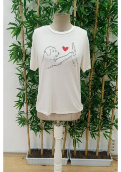 Bisiklet Yaka Köpek Baskılı Viskon Bluz - Beyaz fırsatları