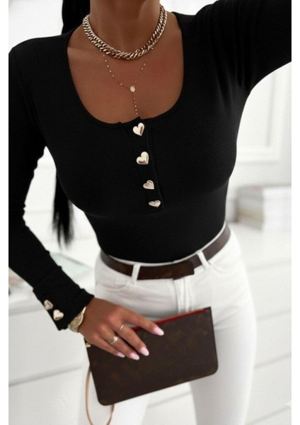 Düğmeli Uzun Kollu Kaşkorse Bluz - Siyah fiyatları