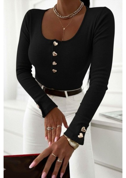 Düğmeli Uzun Kollu Kaşkorse Bluz - Siyah modelleri