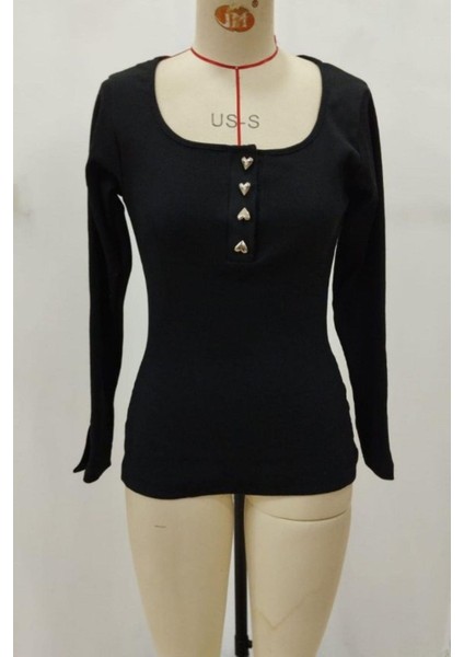 Düğmeli Uzun Kollu Kaşkorse Bluz - Siyah fırsatları