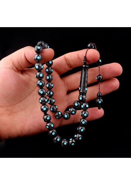 Mavi Mineli 925 Ayar Gümüş Işlemeli Kuka Tesbih fiyatları