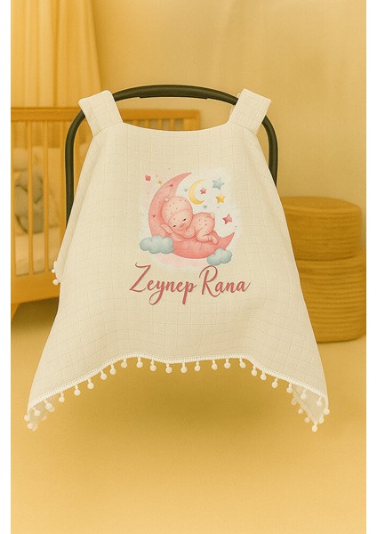 Kişiye Özel Ay ve Yıldız Temalı Puset Örtüsü - Isimli Bebek Arabası Örtüsü