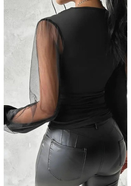 Sandy Kumaş V Yaka Tül Kollu Bluz - Siyah fiyatları