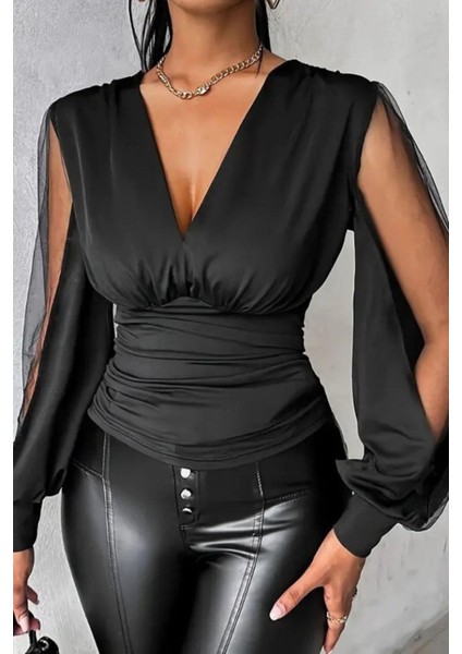 Sandy Kumaş V Yaka Tül Kollu Bluz - Siyah modelleri