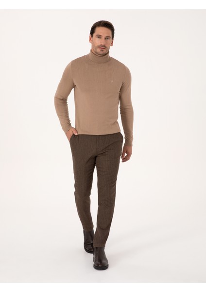 Erkek Kahverengi Jogger Fit Beli Lastikli Yün Karışımlı Balık Sırtı Kanvas Pantolon 50308723-VR029