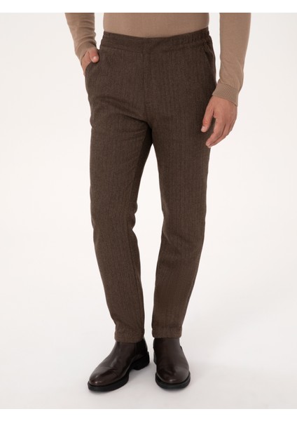Erkek Kahverengi Jogger Fit Beli Lastikli Yün Karışımlı Balık Sırtı Kanvas Pantolon 50308723-VR029 fiyatları
