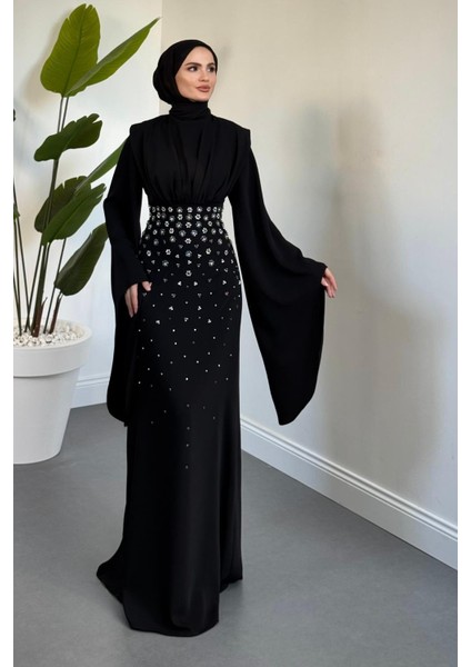 Valmera Taşlı Kolları Asimetrik Kesim Abiye Siyah