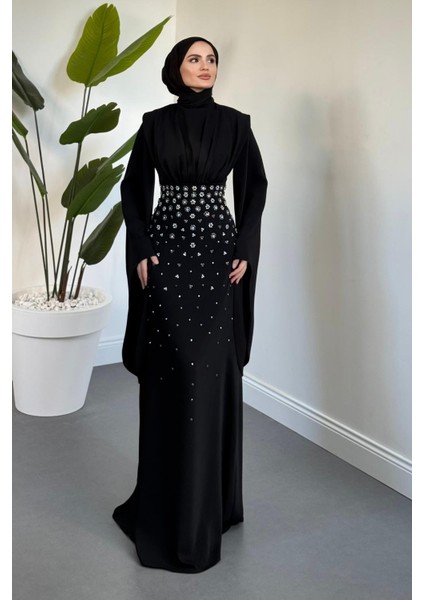 Valmera Taşlı Kolları Asimetrik Kesim Abiye Siyah fiyatları