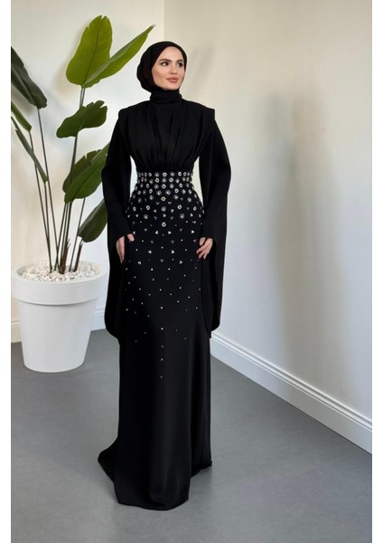 Valmera Taşlı Kolları Asimetrik Kesim Abiye Siyah modelleri