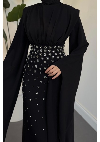 Valmera Taşlı Kolları Asimetrik Kesim Abiye Siyah indirimleri