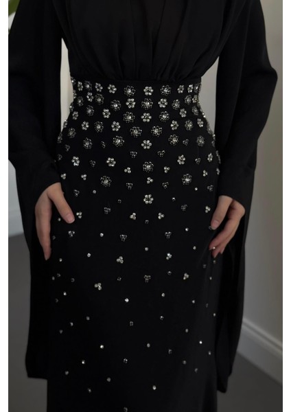 Valmera Taşlı Kolları Asimetrik Kesim Abiye Siyah