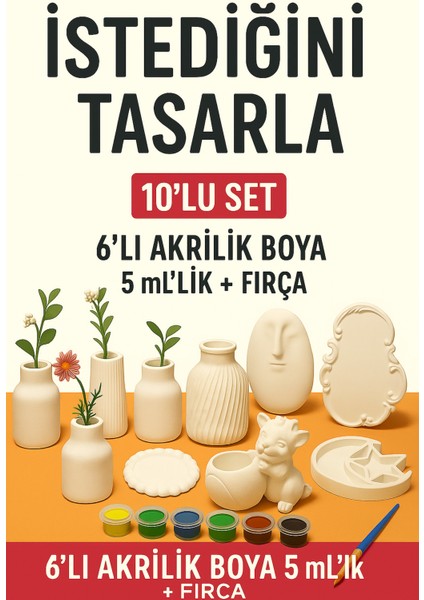 10’lu Boyanabilir Alçı Obje Seti – 6’lı Akrilik Boya + Fırça Hediyeli