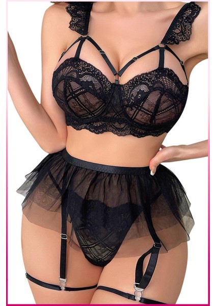 Dantelli Tül Etekli Askılı Iç Giyim Takımı – 3 Parça Set
