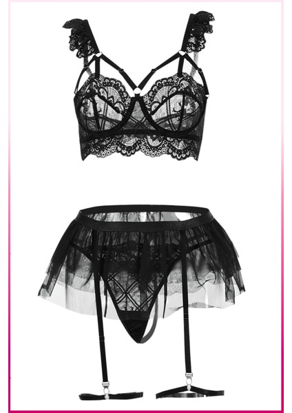 Dantelli Tül Etekli Askılı Iç Giyim Takımı – 3 Parça Set modelleri