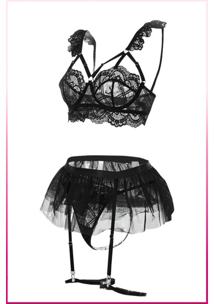 Dantelli Tül Etekli Askılı Iç Giyim Takımı – 3 Parça Set fırsatları