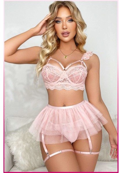 Dantelli Tül Etekli Askılı Iç Giyim Takımı – 3 Parça Set