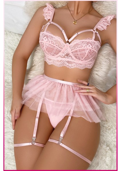 Dantelli Tül Etekli Askılı Iç Giyim Takımı – 3 Parça Set modelleri