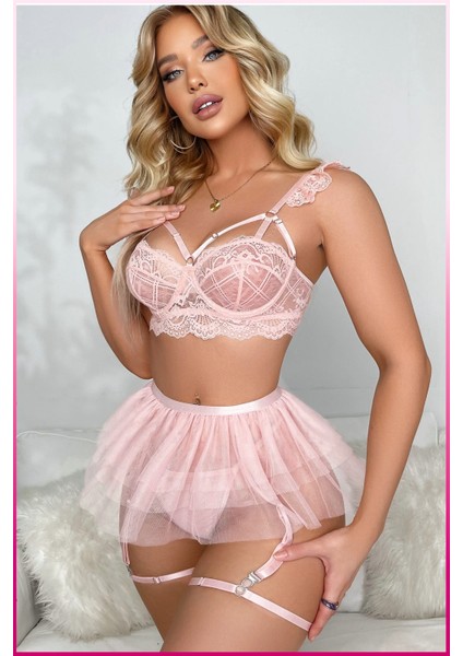 Dantelli Tül Etekli Askılı Iç Giyim Takımı – 3 Parça Set fırsatları