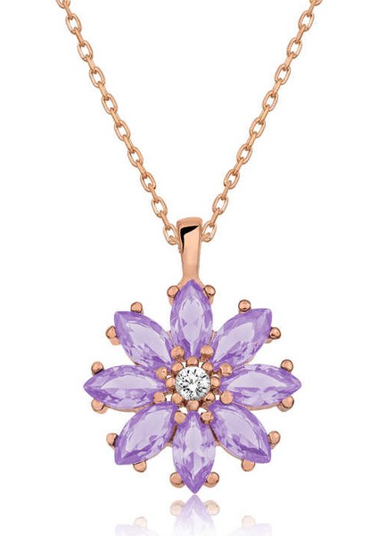 925 Ayar Gümüş Rose Lila Çiçek Kadın Gümüş Kolye T5104 (972972)