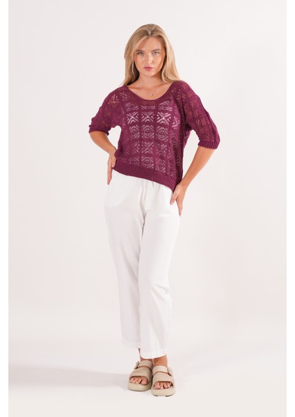 Triko Bluz Yazlık Kazak Dantel Ajurlu Etnik Desenli Yarasa Kollu Kayık Yaka Pareo Kadın Bluz