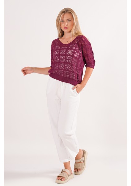 Triko Bluz Yazlık Kazak Dantel Ajurlu Etnik Desenli Yarasa Kollu Kayık Yaka Pareo Kadın Bluz fiyatları