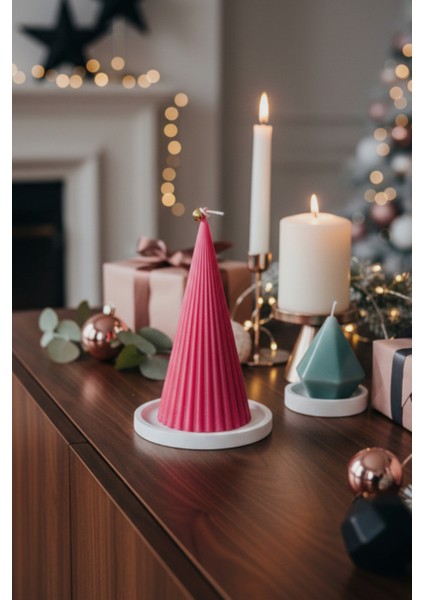 Yılbaşı Temalı Konik Dekoratif Organik Soya Mumu, Beton Altlıklı, Fresh/okyanus Kokulu