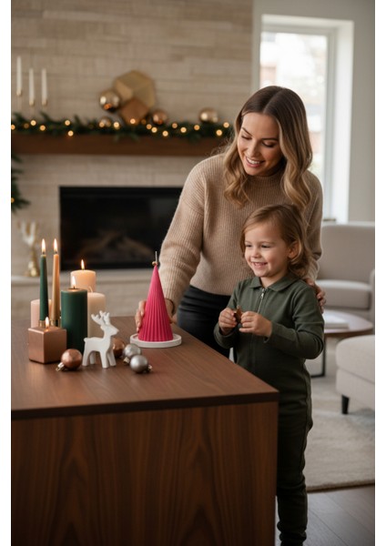 Yılbaşı Temalı Konik Dekoratif Organik Soya Mumu, Beton Altlıklı, Fresh/okyanus Kokulu modelleri