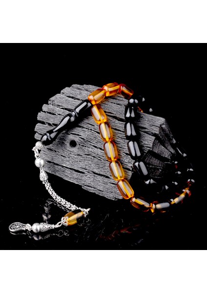 Süzme Renk Kapsül Kesim 925 Ayar Gümüş Püsküllü Ateş Kehribar Tesbih