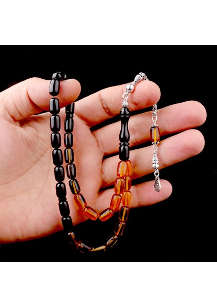 Süzme Renk Kapsül Kesim 925 Ayar Gümüş Püsküllü Ateş Kehribar Tesbih fiyatları