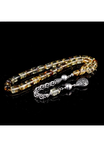 Kapsül Kesim Fosilli Damla Kehribar 925 Ayar Gümüş Püsküllü Tesbih