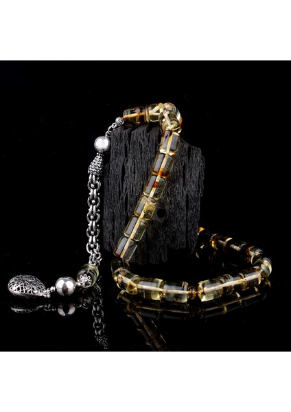 Kapsül Kesim Fosilli Damla Kehribar 925 Ayar Gümüş Püsküllü Tesbih fiyatları