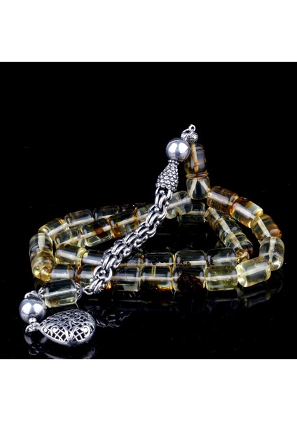 Kapsül Kesim Fosilli Damla Kehribar 925 Ayar Gümüş Püsküllü Tesbih modelleri