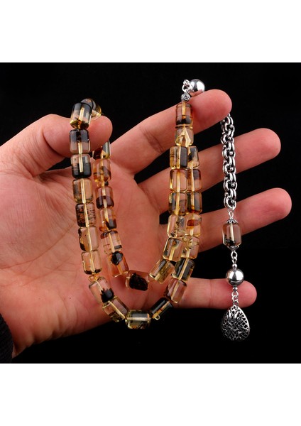 Kapsül Kesim Fosilli Damla Kehribar 925 Ayar Gümüş Püsküllü Tesbih fırsatları