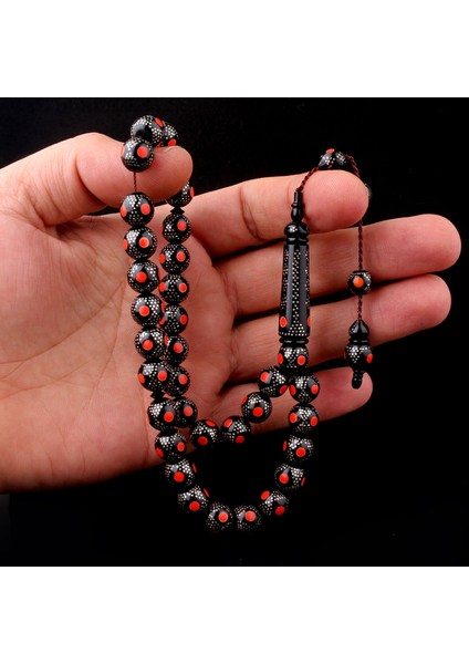 Kırmızı Mineli 925 Ayar Gümüş Işlemeli Kuka Tesbih fiyatları