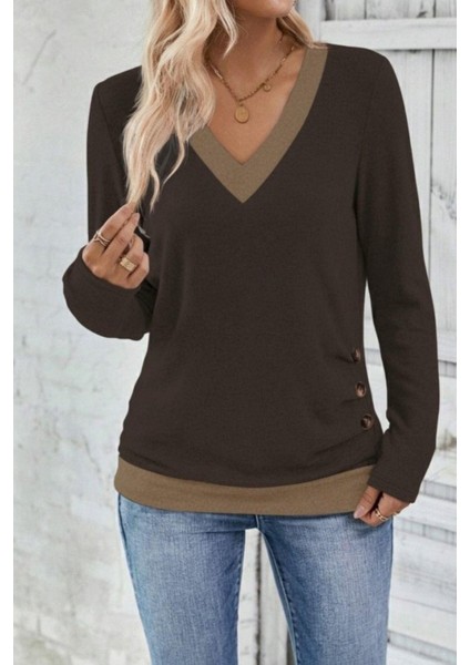 Uzun Kollu Düğmeli Yün Viskon Bluz - Kahve