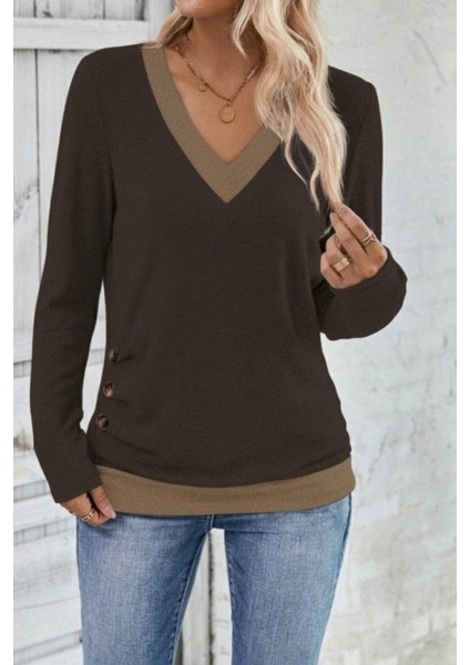 Uzun Kollu Düğmeli Yün Viskon Bluz - Kahve modelleri
