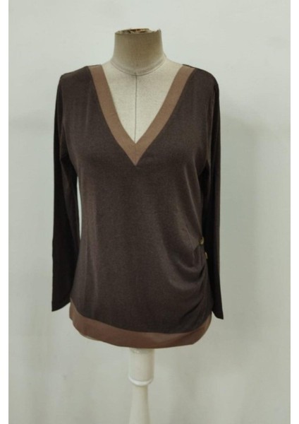 Uzun Kollu Düğmeli Yün Viskon Bluz - Kahve fırsatları