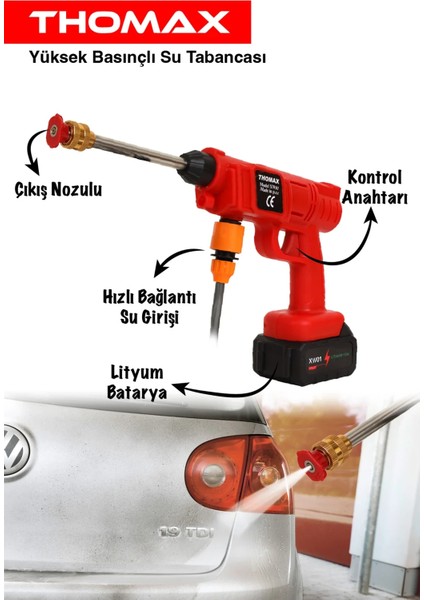 Thomax Şarjlı ve Yüksek Basınçlı Oto Yıkama Makinesi ve Sulama Tabancası Bahçe Yıkama Makinesi