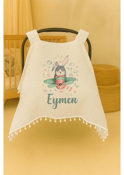 Kişiye Özel Tavşan ve Uçak Temalı Puset Örtüsü - Isimli Bebek Arabası Örtüsü