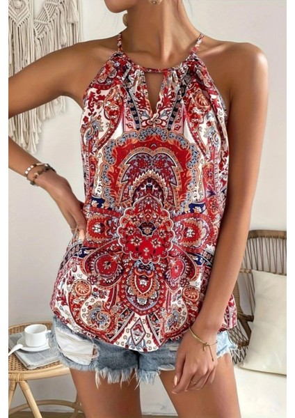 Halter Yaka Damla Detaylı Desenli Süprem Bluz - Kırmızı