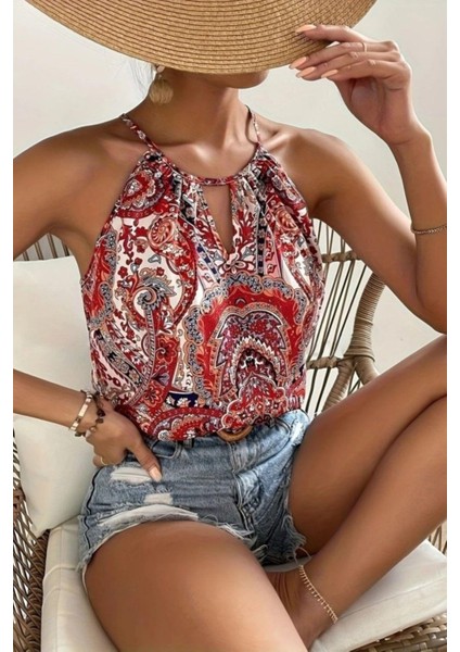 Halter Yaka Damla Detaylı Desenli Süprem Bluz - Kırmızı fiyatları